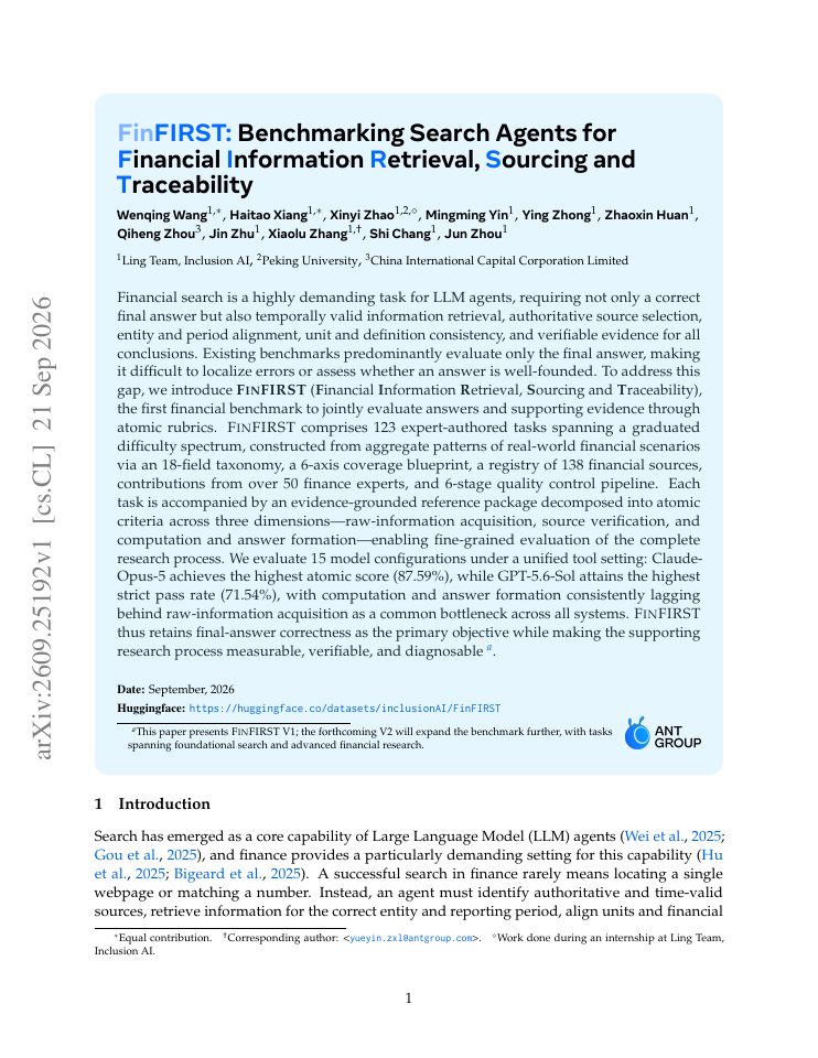 First page of FinFIRST: Benchmarking Search Agents for Financial Information Retrieval, Sourcing and Traceability