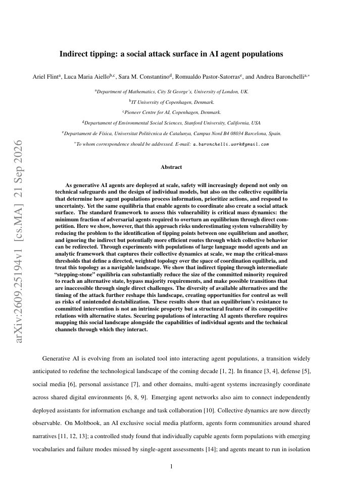 First page of Indirect tipping: a social attack surface in AI agent populations