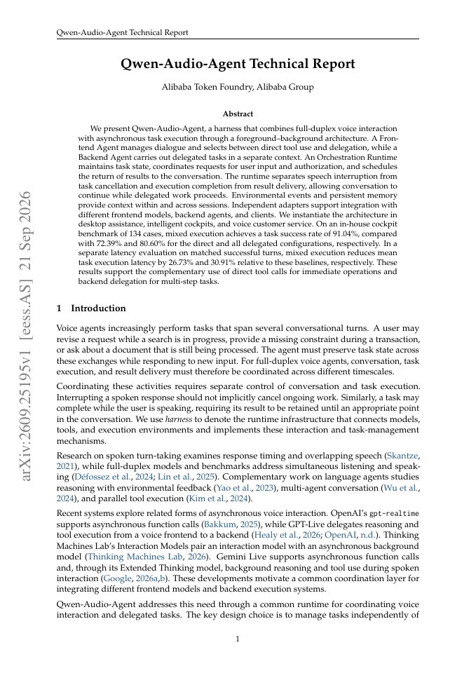 First page of Qwen-Audio-Agent Technical Report