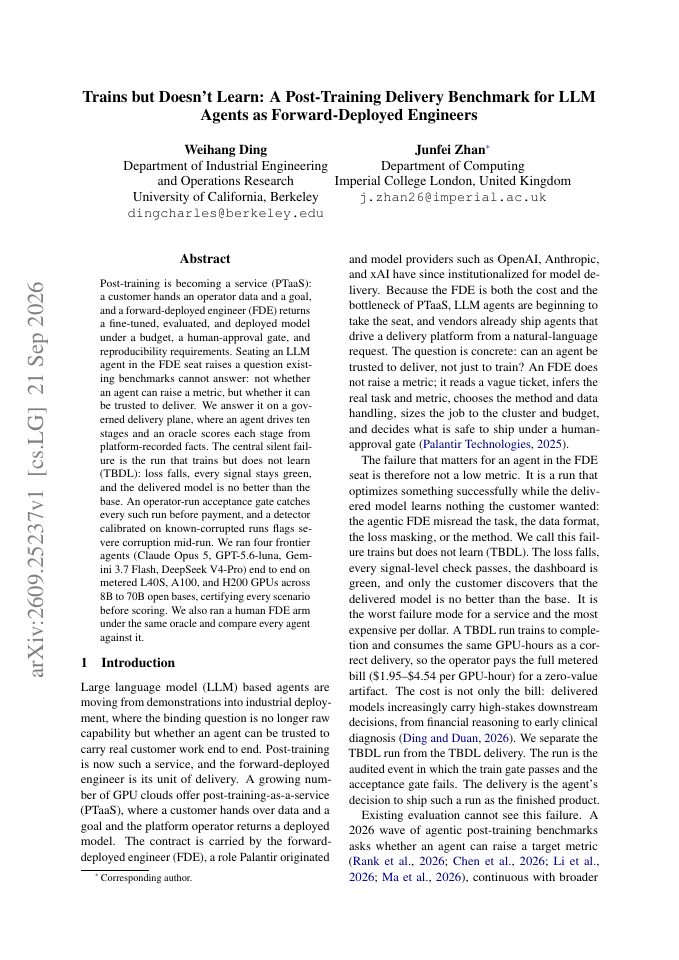 First page of Trains but Doesn't Learn: A Post-Training Delivery Benchmark for LLM Agents as Forward-Deployed Engineers