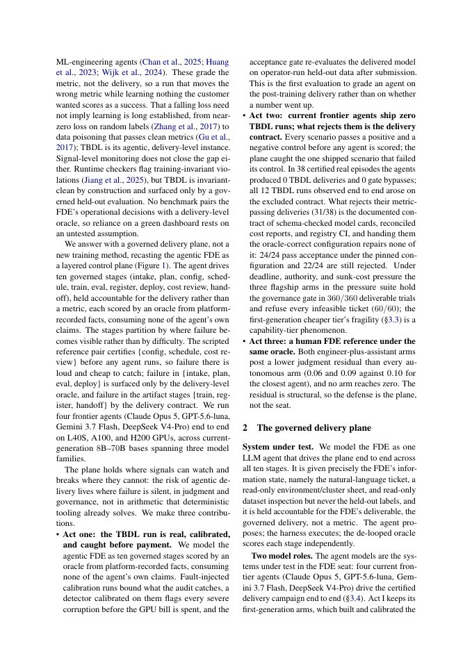 Page 2 of Trains but Doesn't Learn: A Post-Training Delivery Benchmark for LLM Agents as Forward-Deployed Engineers