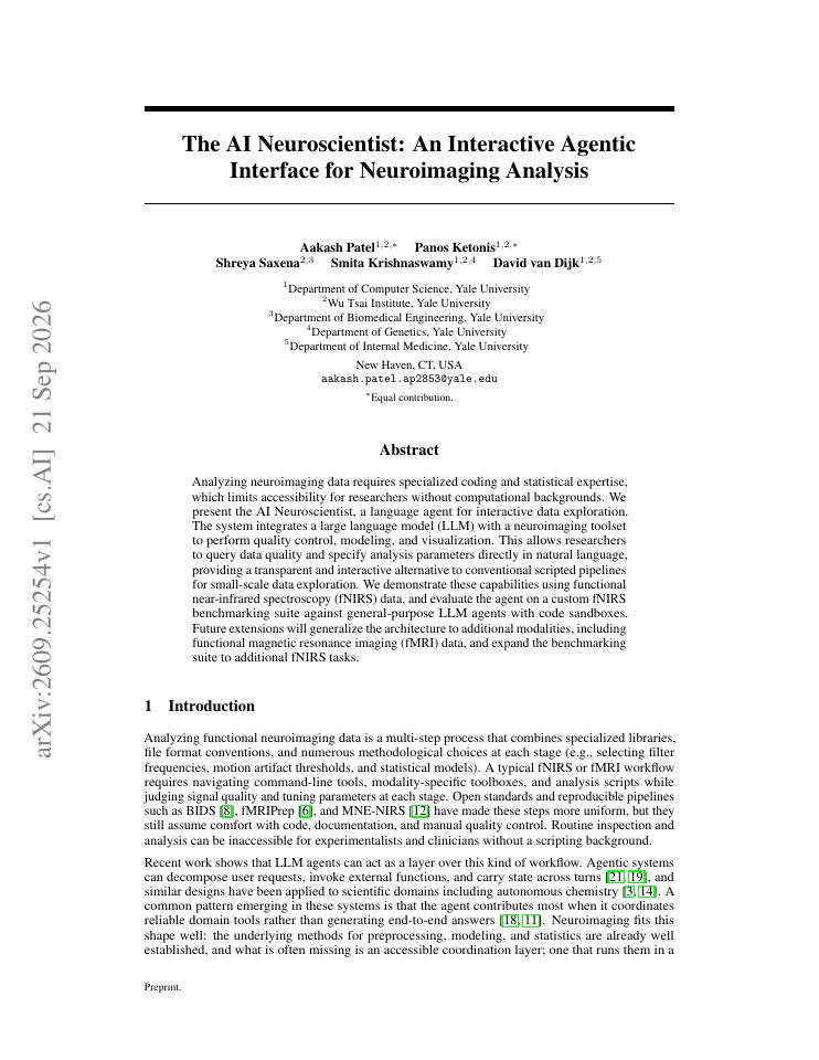 First page of The AI Neuroscientist: An Interactive Agentic Interface for Neuroimaging Analysis
