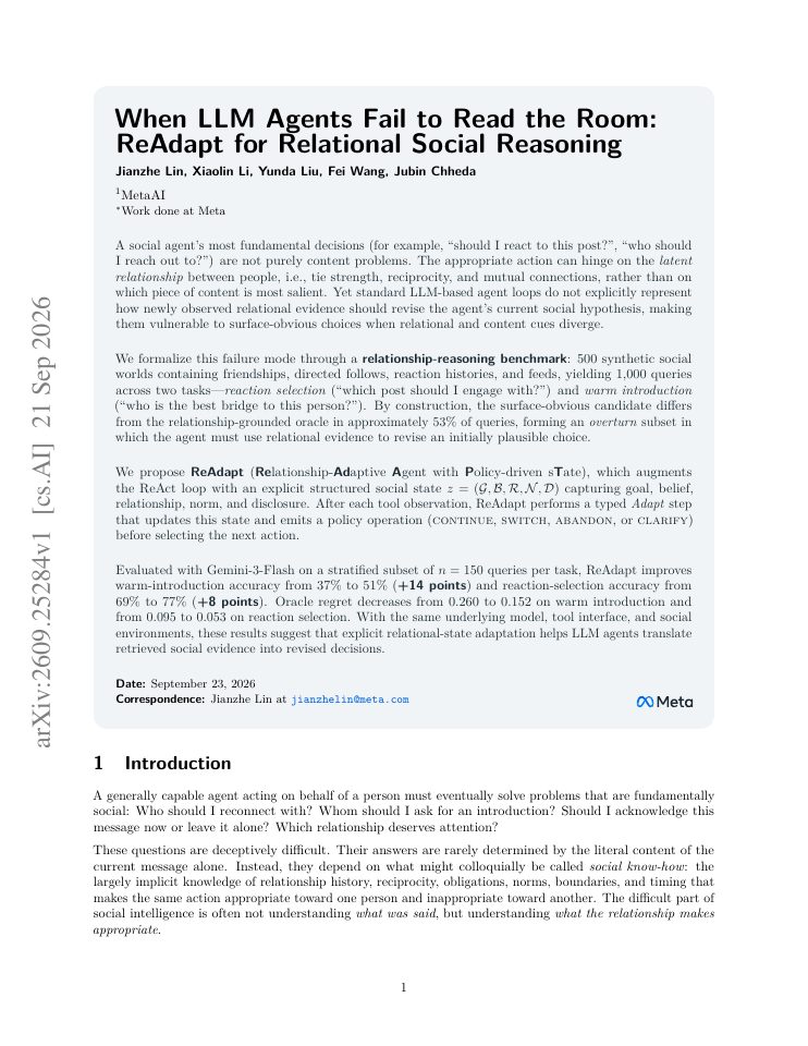 First page of When LLM Agents Fail to Read the Room: ReAdapt for Relational Social Reasoning