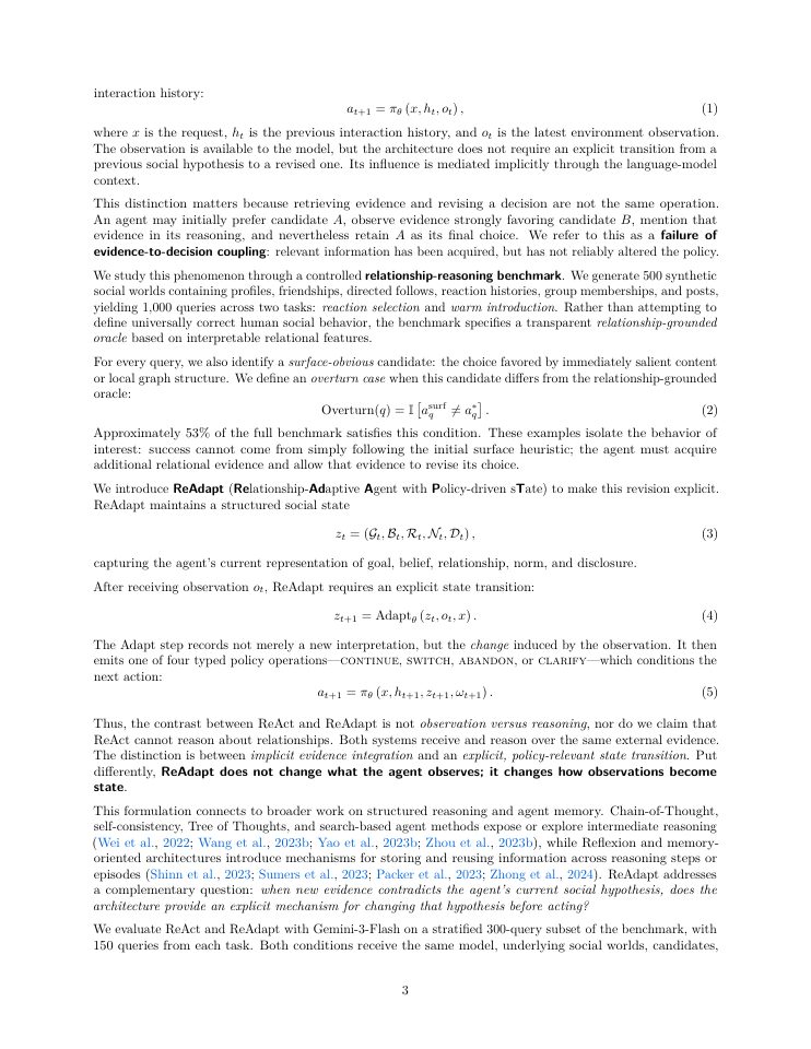 Page 3 of When LLM Agents Fail to Read the Room: ReAdapt for Relational Social Reasoning