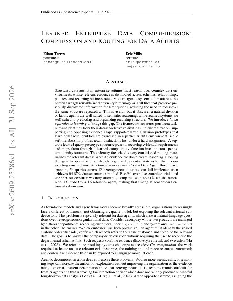 First page of Learned Enterprise Data Comprehension: Compression and Routing for Data Agents
