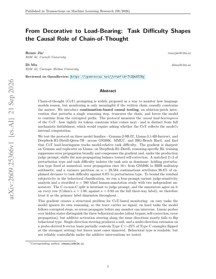 First page of From Decorative to Load-Bearing: Task Difficulty Shapes the Causal Role of Chain-of-Thought