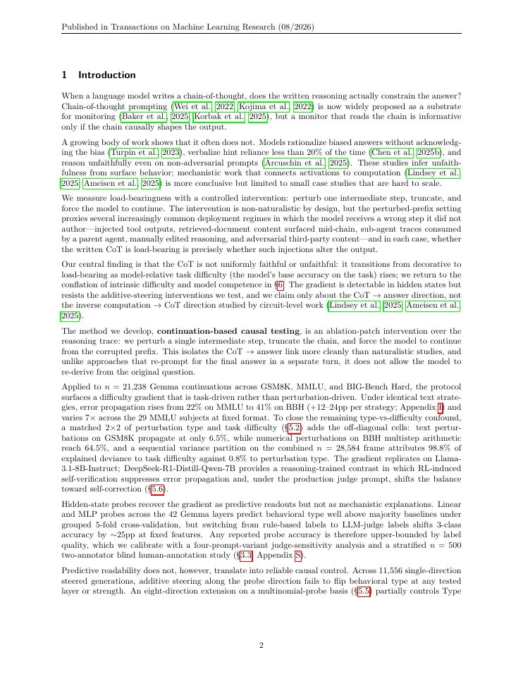 Page 2 of From Decorative to Load-Bearing: Task Difficulty Shapes the Causal Role of Chain-of-Thought