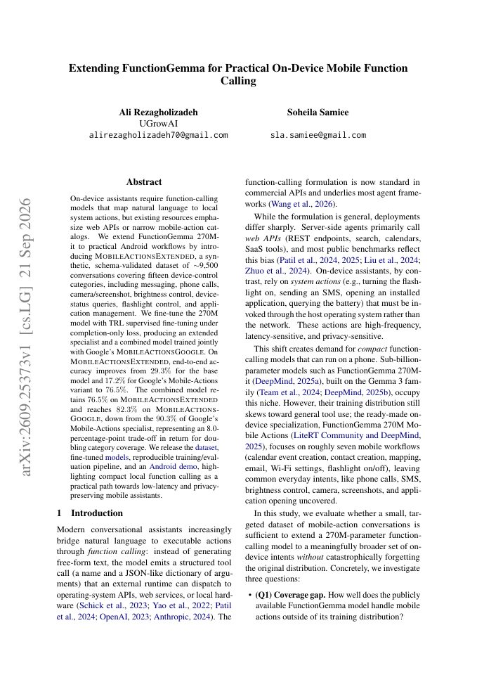 First page of Extending FunctionGemma for Practical On-Device Mobile Function Calling