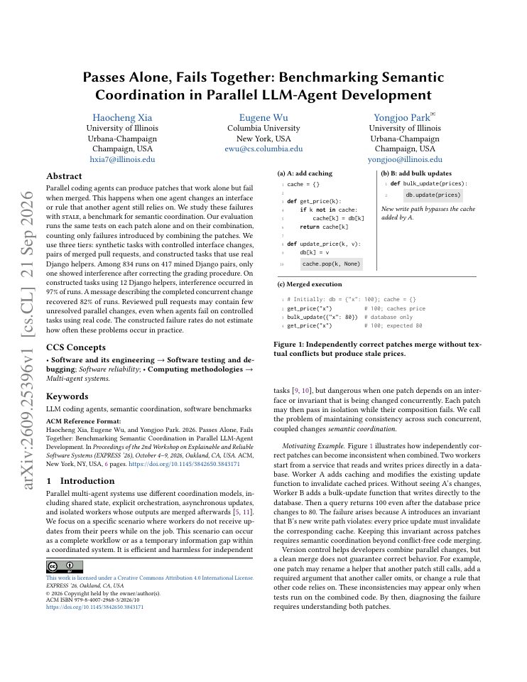 First page of Passes Alone, Fails Together: Benchmarking Semantic Coordination in Parallel LLM-Agent Development