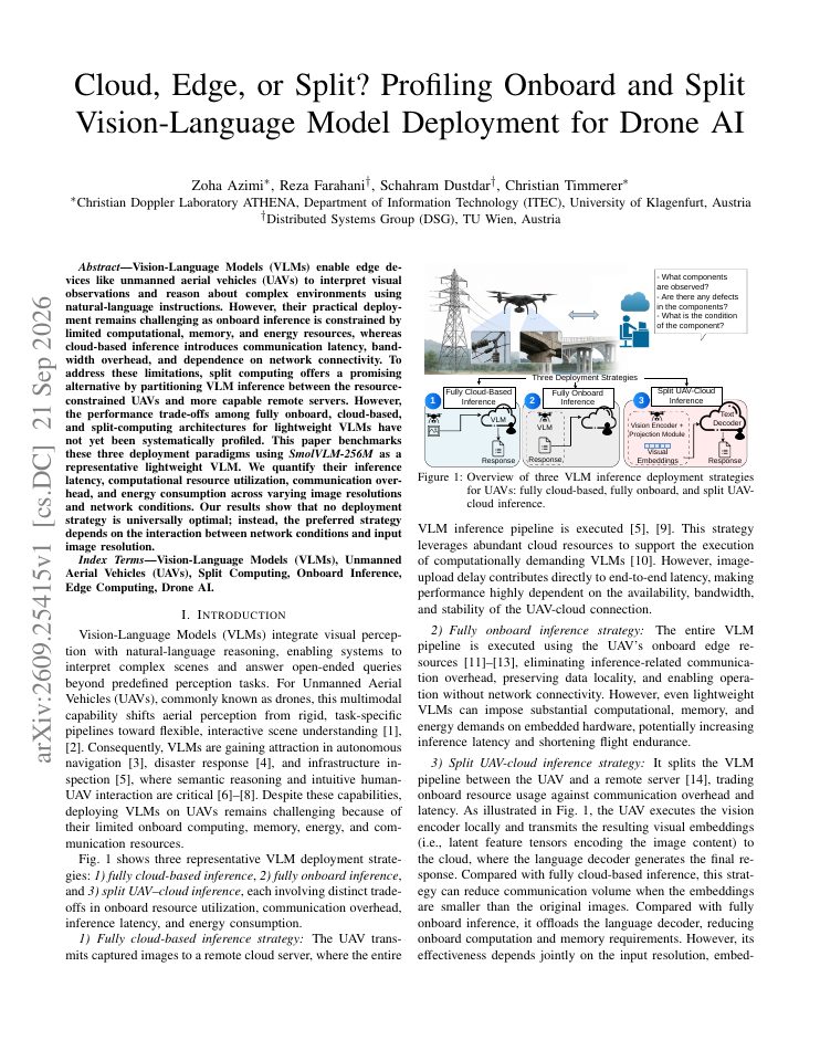 First page of Cloud, Edge, or Split? Profiling Onboard and Split Vision-Language Model Deployment for Drone AI