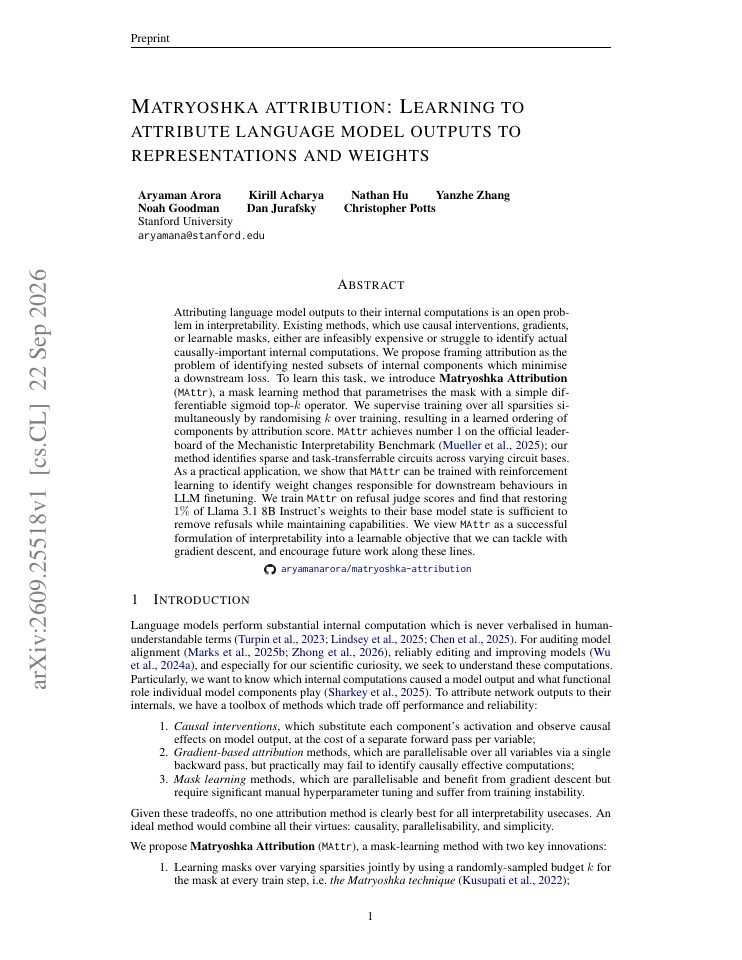First page of Matryoshka attribution: Learning to attribute language model outputs to representations and weights