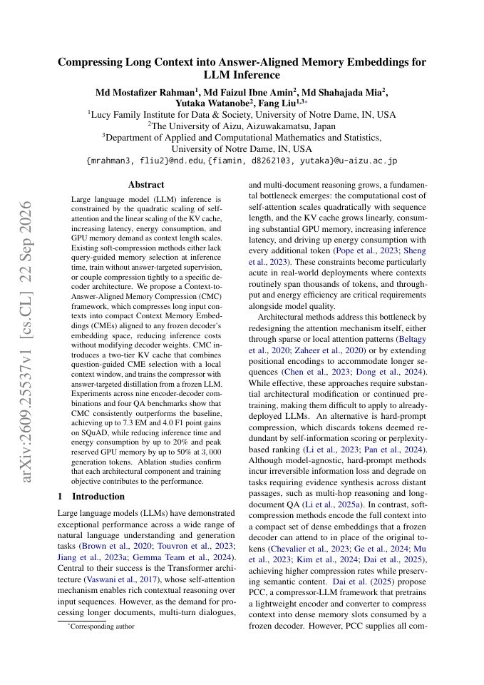 First page of Compressing Long Context into Answer-Aligned Memory Embeddings for LLM Inference
