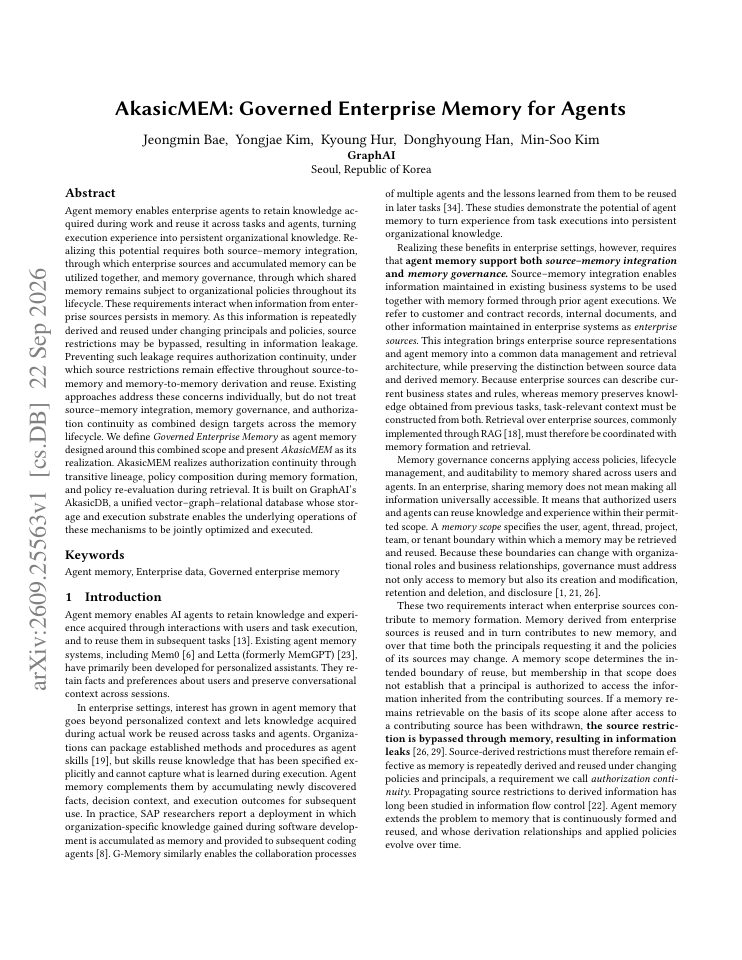 First page of AkasicMEM: Governed Enterprise Memory for Agents