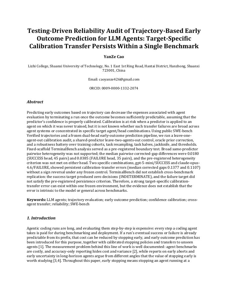 First page of Testing-Driven Reliability Audit of Trajectory-Based Early Outcome Prediction for LLM Agents: Target-Specific Calibration Transfer Persists Within a Single Benchmark