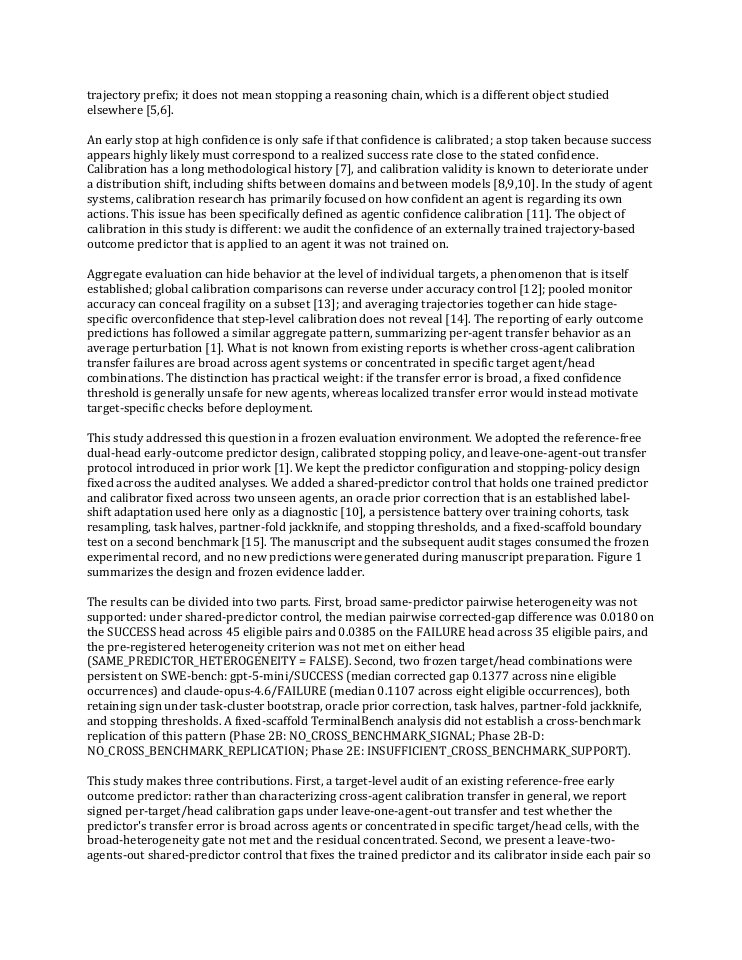Page 2 of Testing-Driven Reliability Audit of Trajectory-Based Early Outcome Prediction for LLM Agents: Target-Specific Calibration Transfer Persists Within a Single Benchmark