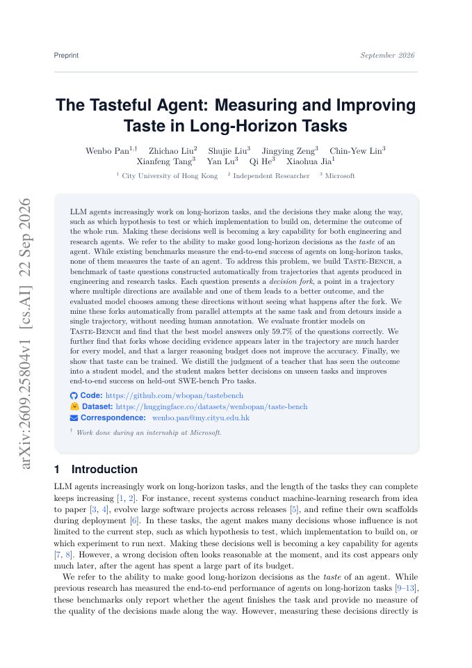 First page of The Tasteful Agent: Measuring and Improving Taste in Long-Horizon Tasks