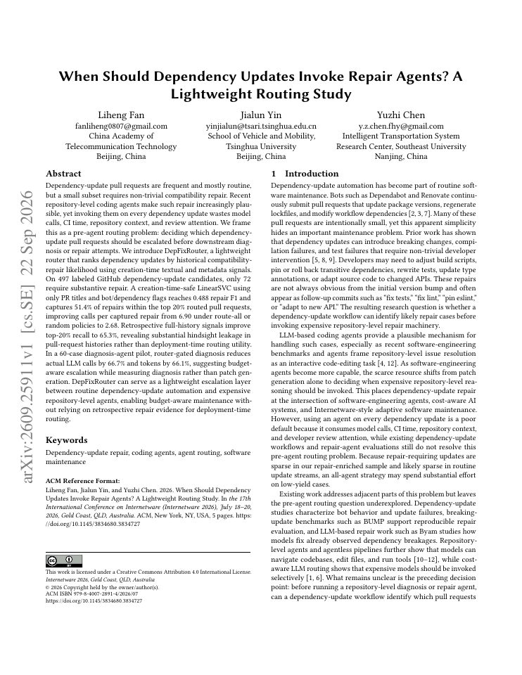 First page of When Should Dependency Updates Invoke Repair Agents? A Lightweight Routing Study