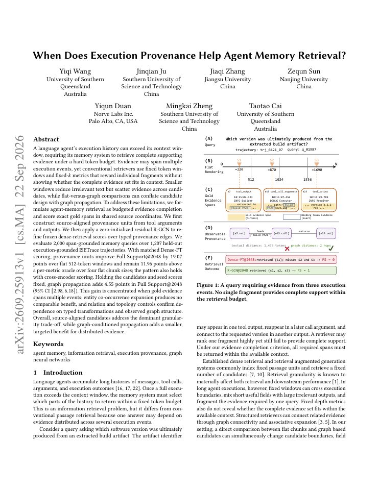 First page of When Does Execution Provenance Help Agent Memory Retrieval?