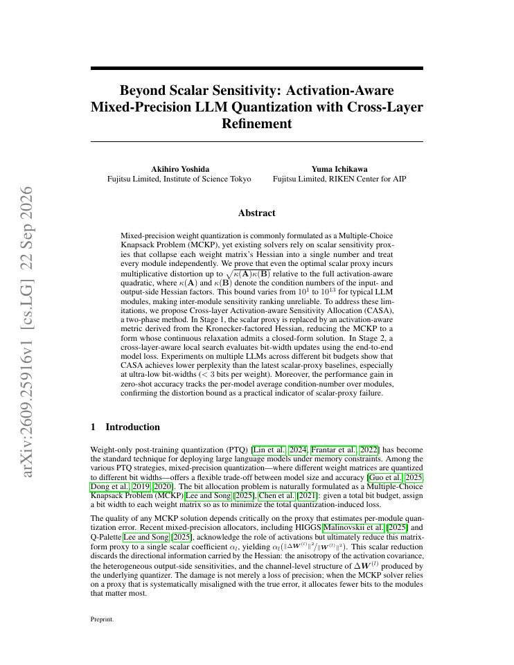 First page of Beyond Scalar Sensitivity: Activation-Aware Mixed-Precision LLM Quantization with Cross-Layer Refinement