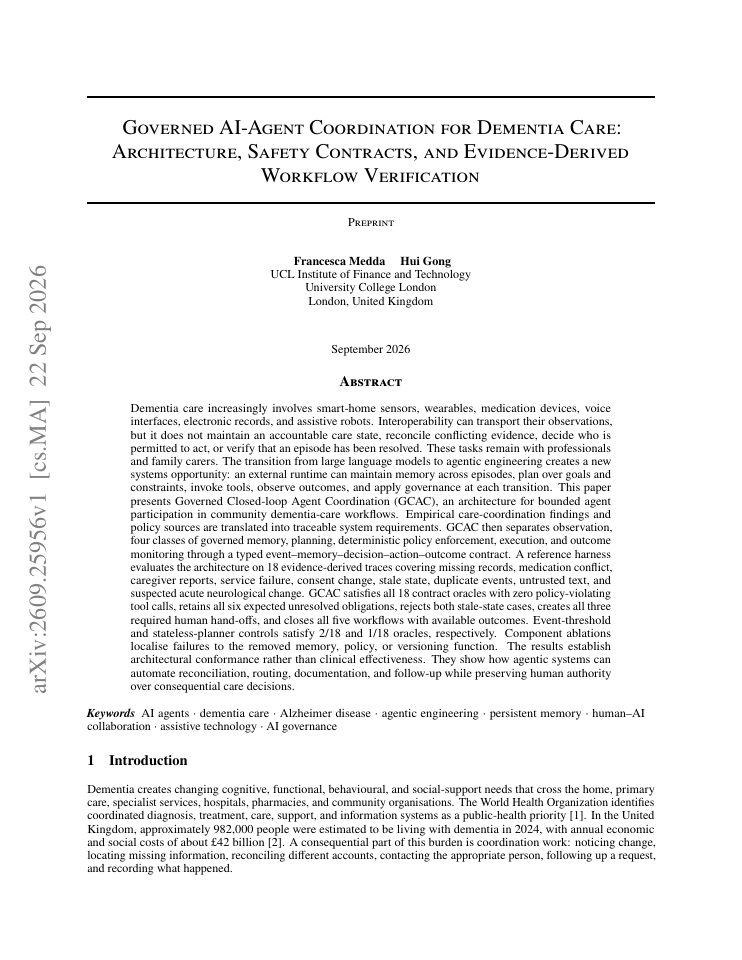 First page of Governed AI-Agent Coordination for Dementia Care: Architecture, Safety Contracts, and Evidence-Derived Workflow Verification