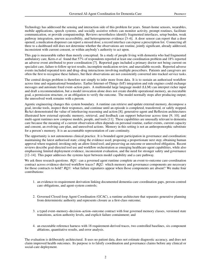 Page 2 of Governed AI-Agent Coordination for Dementia Care: Architecture, Safety Contracts, and Evidence-Derived Workflow Verification