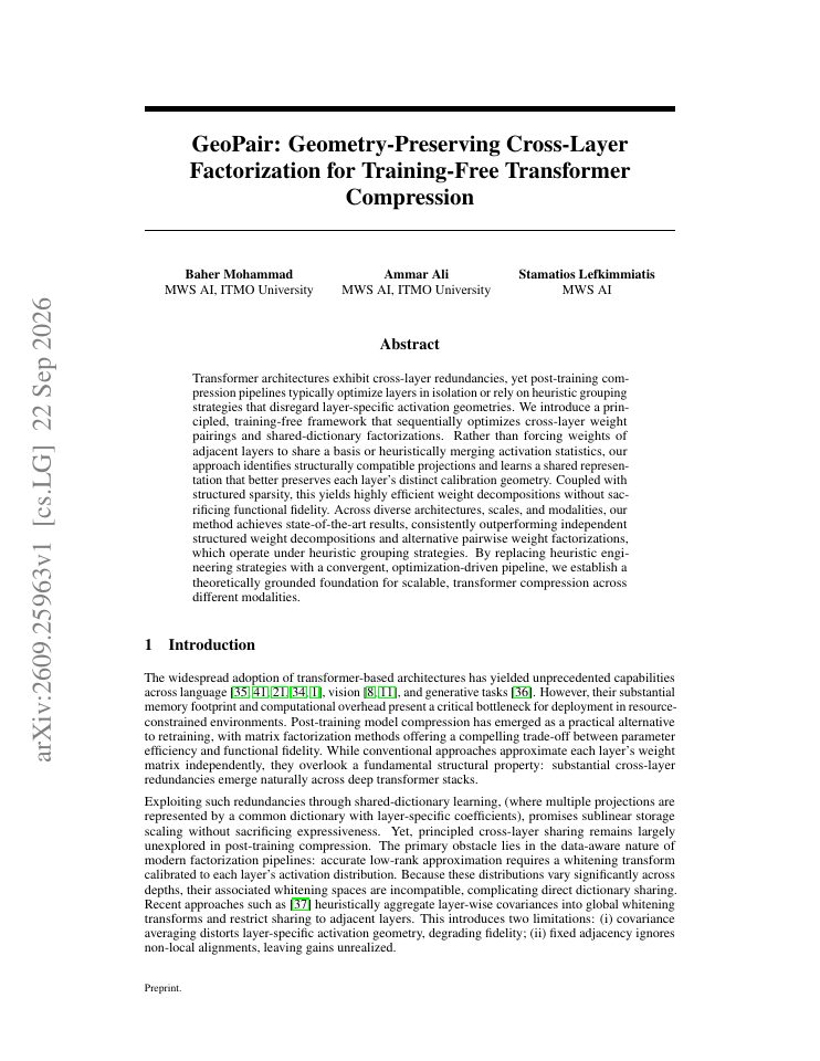 First page of GeoPair: Geometry-Preserving Cross-Layer Factorization for Training-Free Transformer Compression