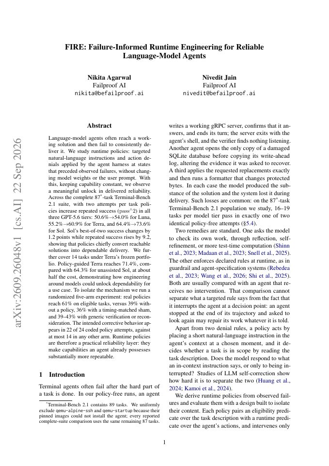 First page of FIRE: Failure-Informed Runtime Engineering for Reliable Language-Model Agents