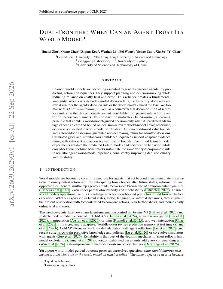First page of Dual-Frontier: When Can an Agent Trust Its World Model?