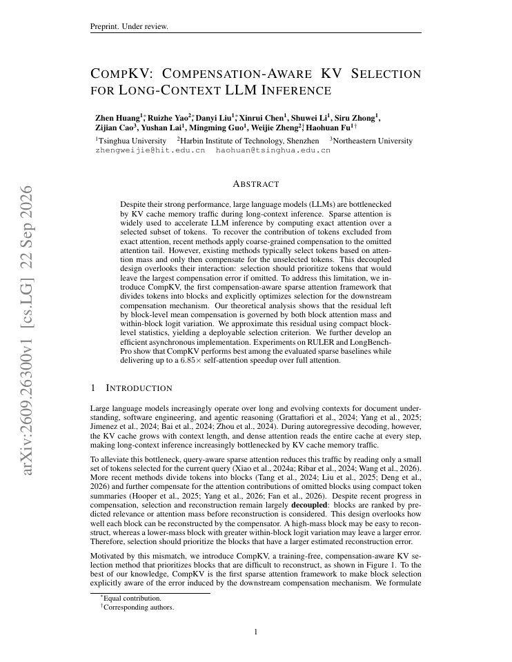 First page of CompKV: Compensation-Aware KV Selection for Long-Context LLM Inference
