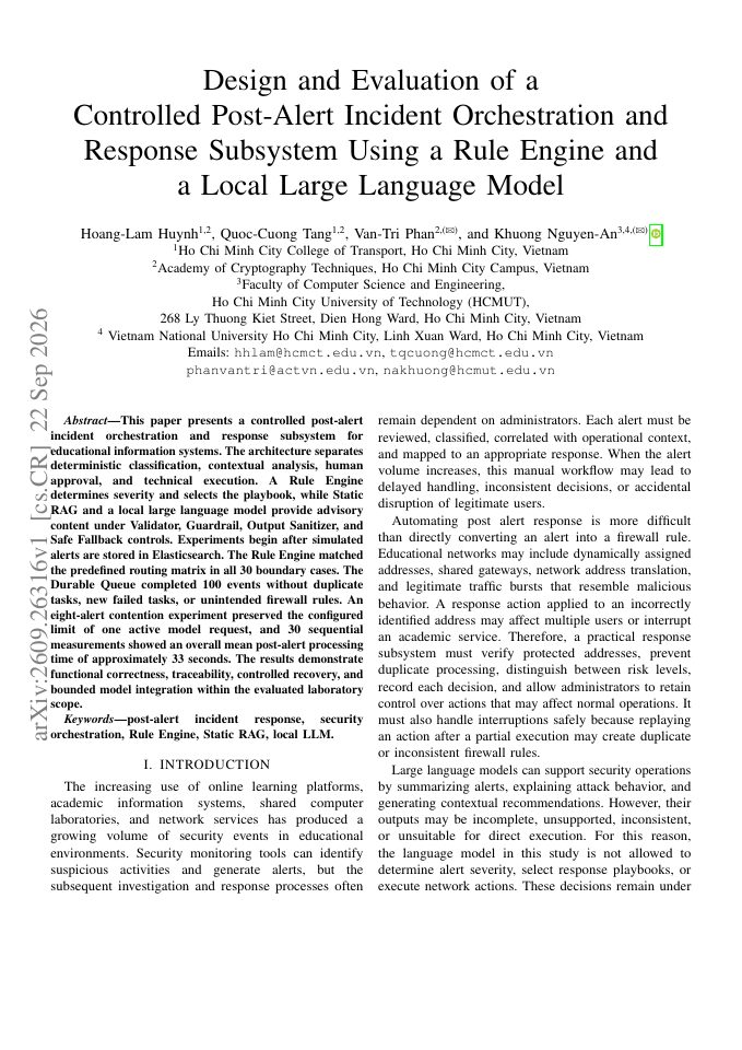 First page of Design and Evaluation of a Controlled Post-Alert Incident Orchestration and Response Subsystem Using a Rule Engine and a Local Large Language Model
