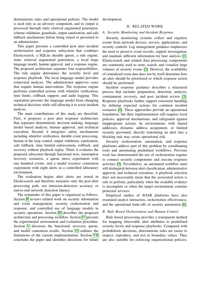 Page 2 of Design and Evaluation of a Controlled Post-Alert Incident Orchestration and Response Subsystem Using a Rule Engine and a Local Large Language Model