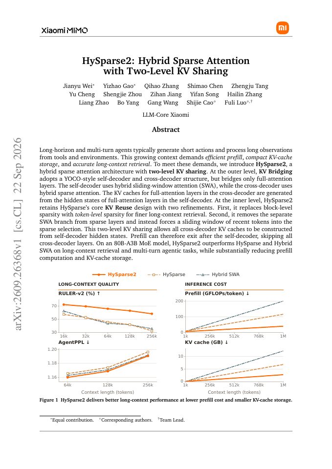 First page of HySparse2: Hybrid Sparse Attention with Two-Level KV Sharing