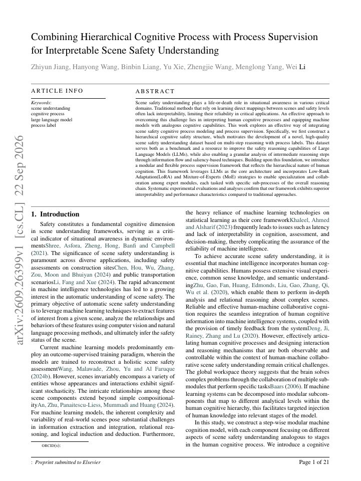 First page of Combining Hierarchical Cognitive Process with Process Supervision for Interpretable Scene Safety Understanding
