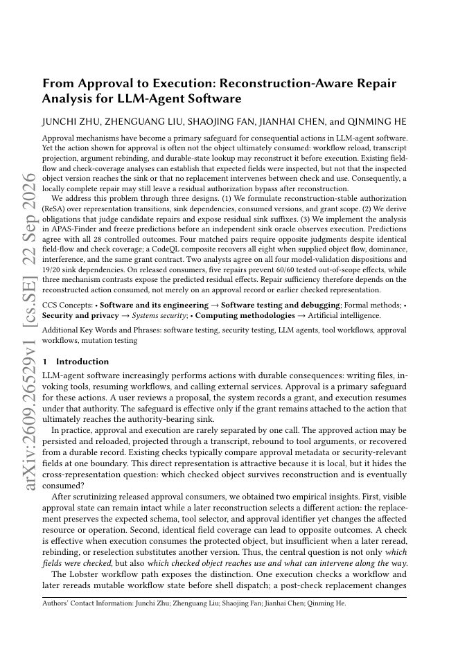 First page of From Approval to Execution: Reconstruction-Aware Repair Analysis for LLM-Agent Software