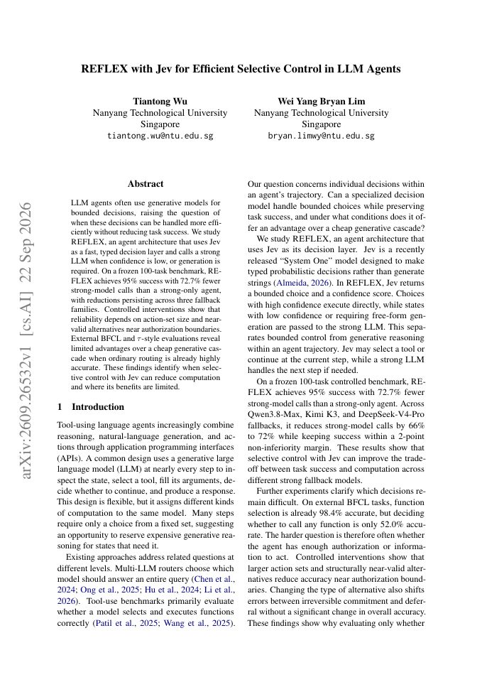 First page of REFLEX with Jev for Efficient Selective Control in LLM Agents