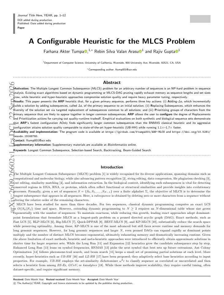 First page of A Configurable Heuristic for the MLCS Problem