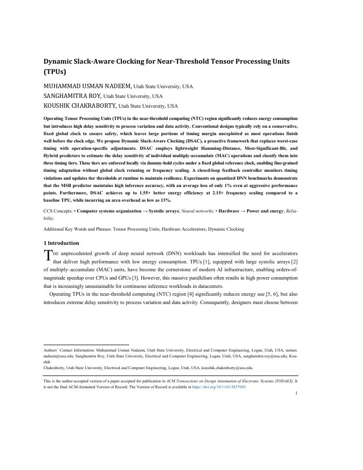 First page of Dynamic Slack-Aware Clocking for Near-Threshold Tensor Processing Units (TPUs)
