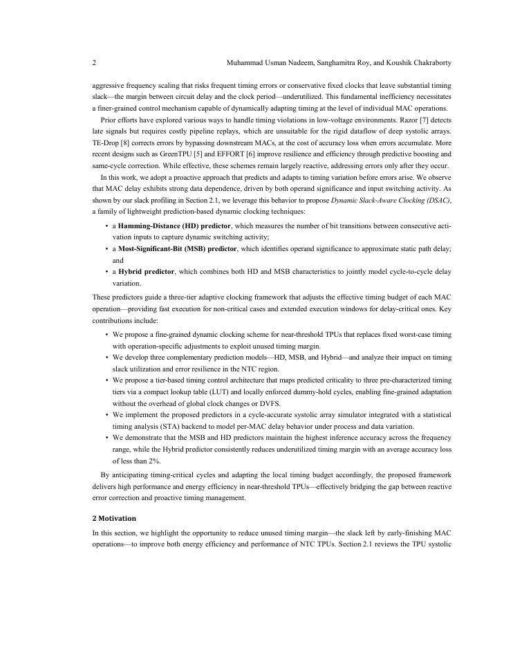 Page 2 of Dynamic Slack-Aware Clocking for Near-Threshold Tensor Processing Units (TPUs)