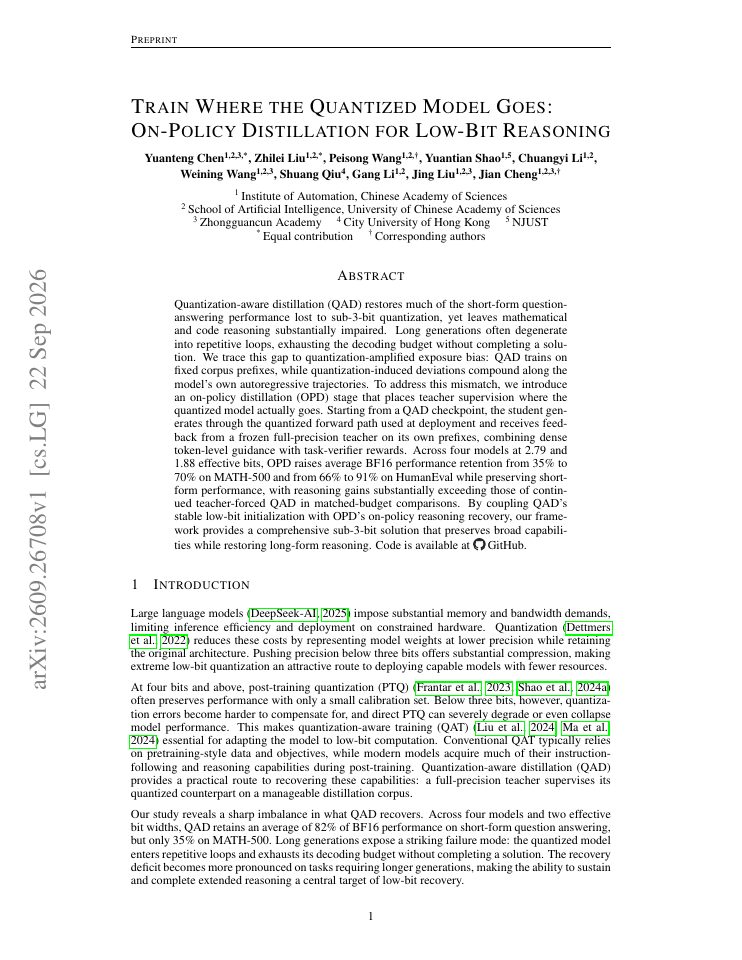 First page of Train Where the Quantized Model Goes: On-Policy Distillation for Low-Bit Reasoning
