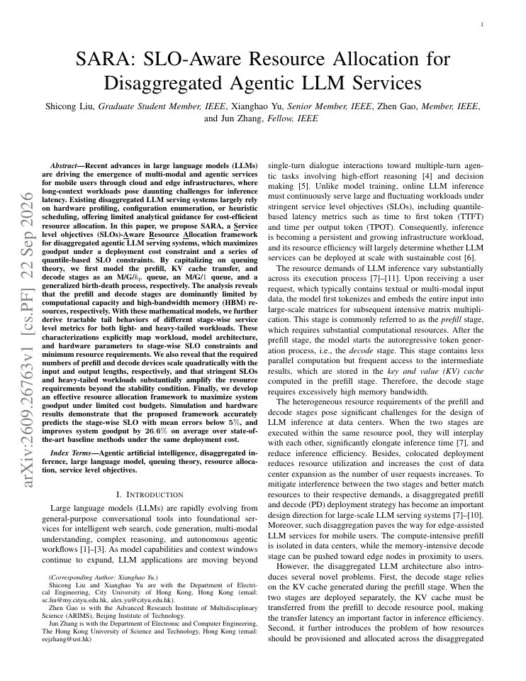 First page of SARA: SLO-Aware Resource Allocation for Disaggregated Agentic LLM Services