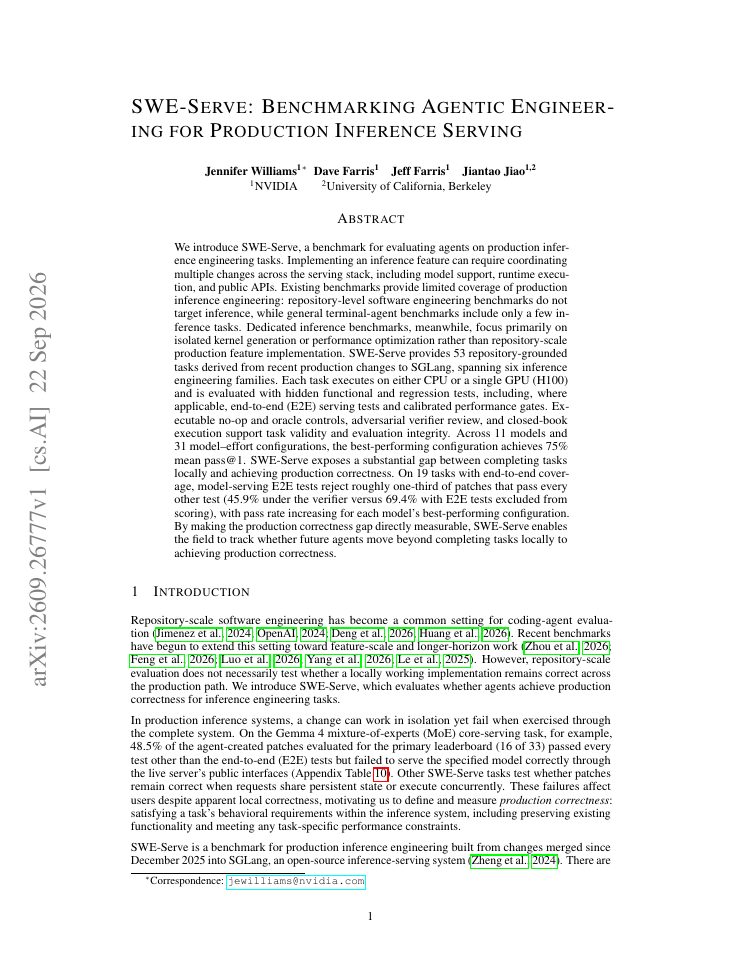 First page of SWE-Serve: Benchmarking Agentic Engineering For Production Inference Serving