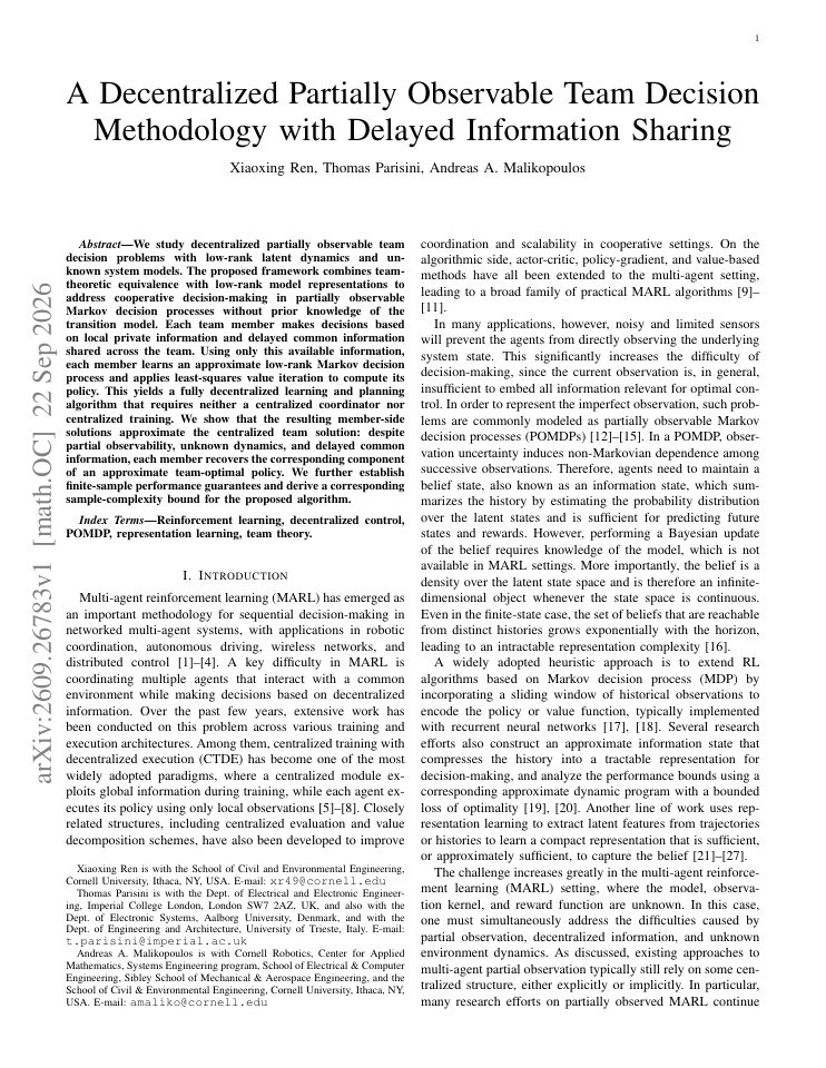 First page of A Decentralized Partially Observable Team Decision Methodology with Delayed Information Sharing