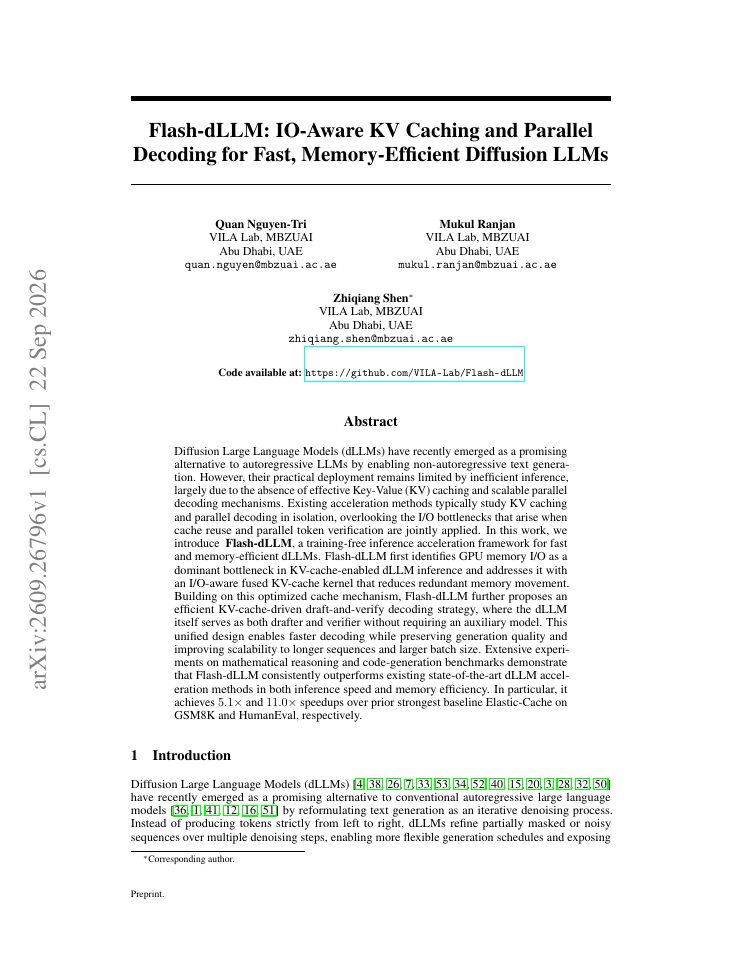 First page of Flash-dLLM: IO-Aware KV Caching and Parallel Decoding for Fast, Memory-Efficient Diffusion LLMs
