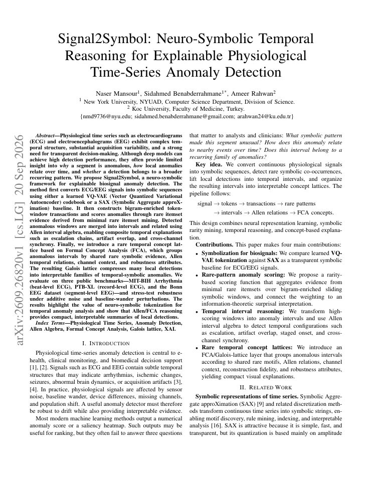 First page of Signal2Symbol: Neuro-Symbolic Temporal Reasoning for Explainable Physiological Time-Series Anomaly Detection