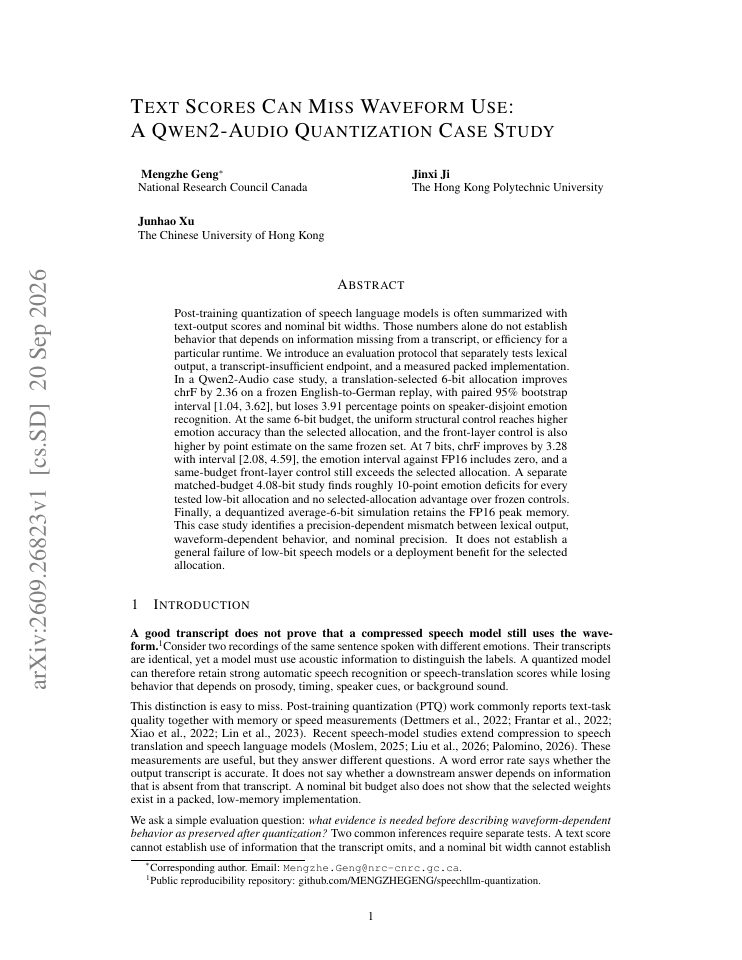 First page of Text Scores Can Miss Waveform Use: A Qwen2-Audio Quantization Case Study