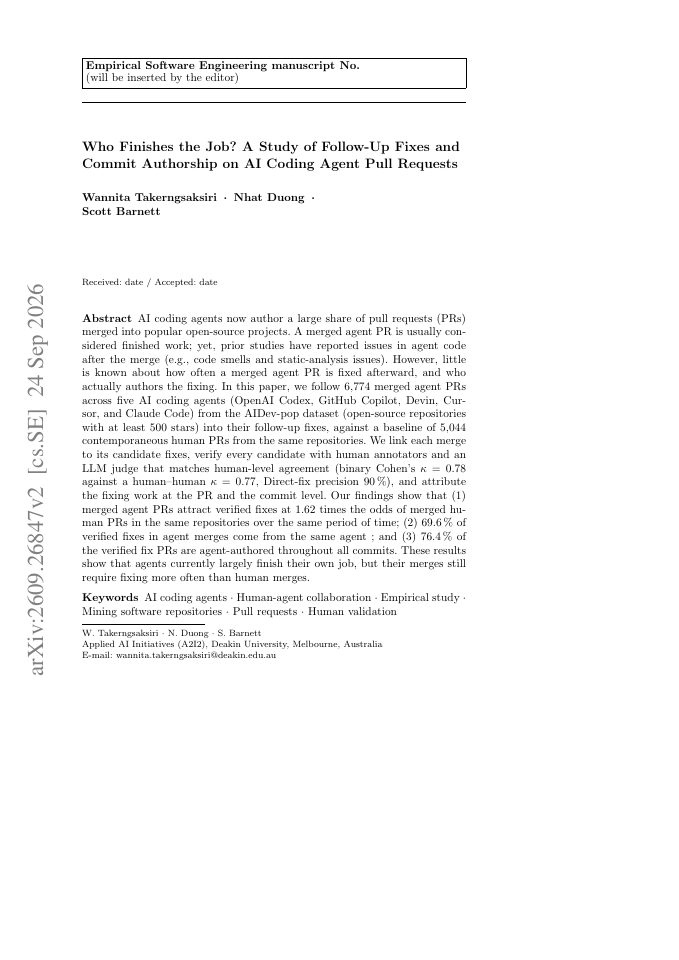 First page of Who Finishes the Job? A Study of Follow-Up Fixes and Commit Authorship on AI Coding Agent Pull Requests