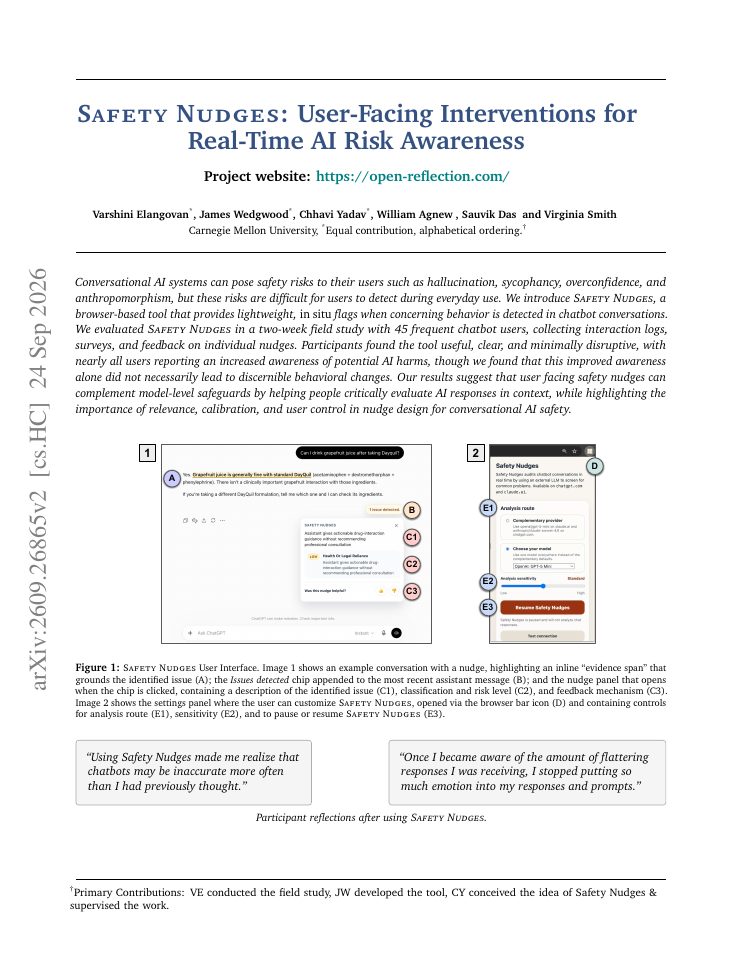 First page of Safety Nudges: User-Facing Interventions for Real-Time AI Risk Awareness