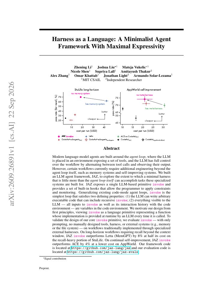 First page of Harness as a Language: A Minimalist Agent Framework With Maximal Expressivity