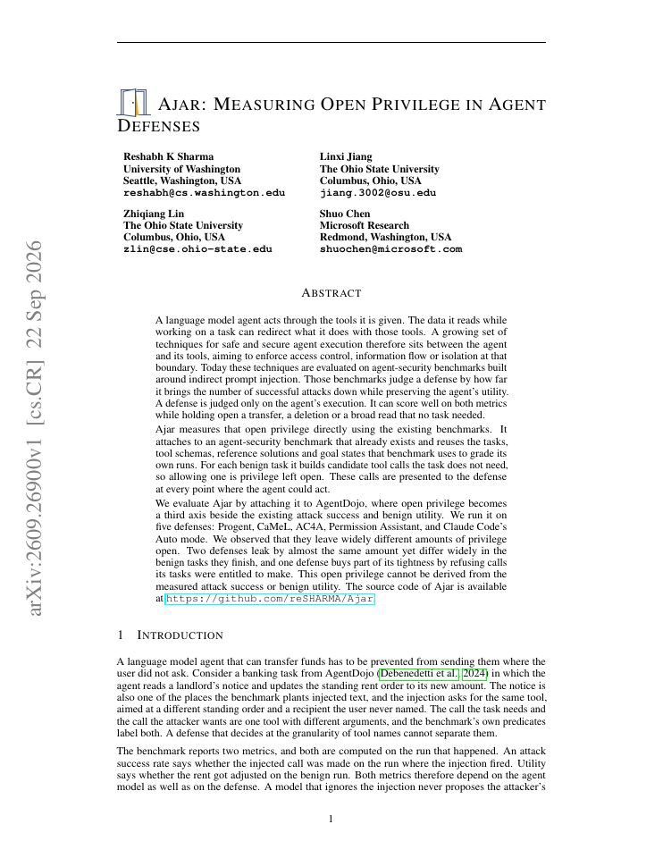 First page of Ajar: Measuring Open Privilege in Agent Defenses