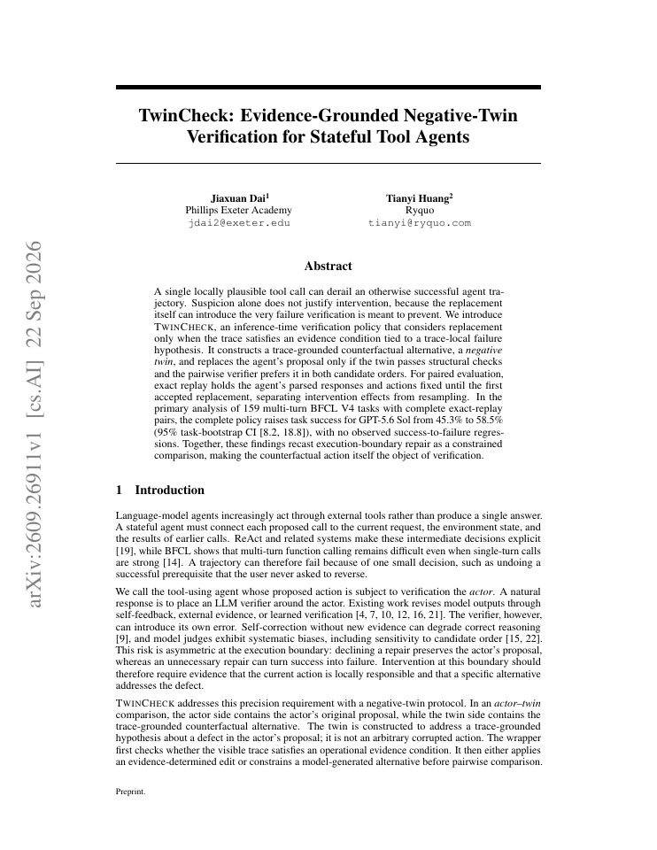 First page of TwinCheck: Evidence-Grounded Negative-Twin Verification for Stateful Tool Agents